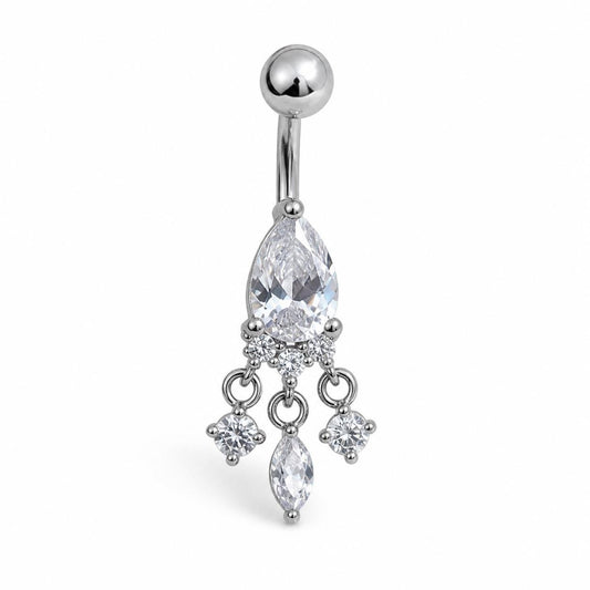 Silver Teardrop Chandelier Belly Ring, CZ Dangle Navel Piercing, Stainless Steel Body Jewelry