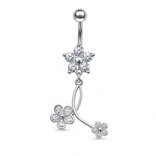 Silver Flower Branch Belly Button Ring, CZ Floral Dangle Navel Piercing, Stainless Steel Body Jewelry