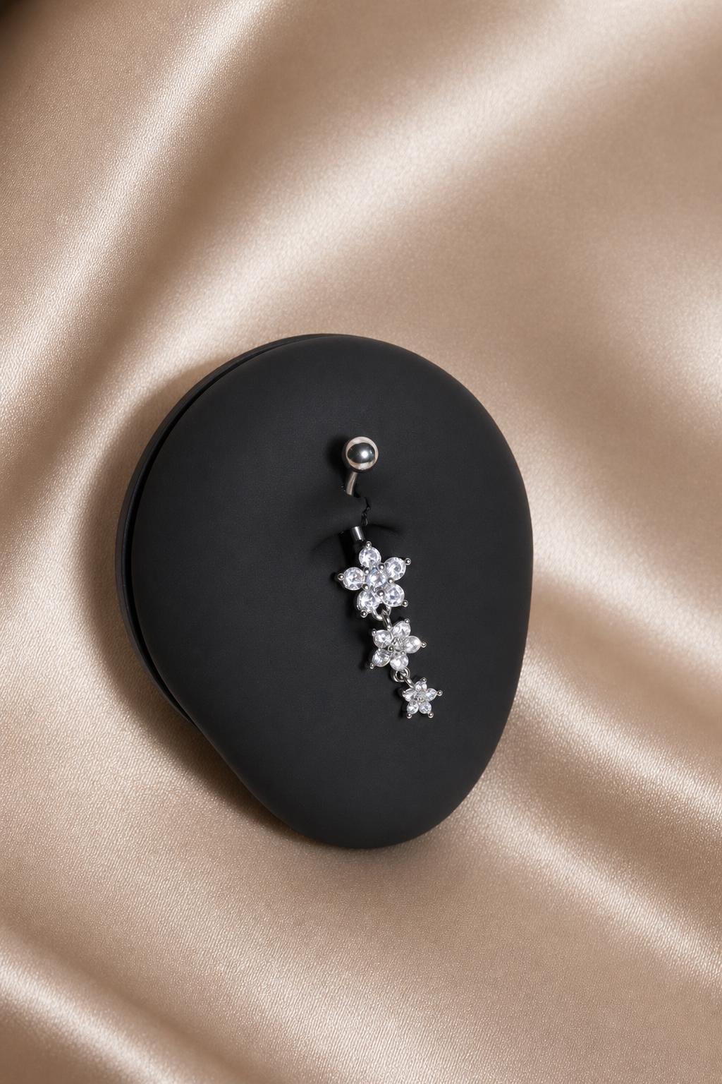 Silver Three Flower Belly Button Ring, CZ Floral Dangle Navel Piercing, Stainless Steel Body Jewelry