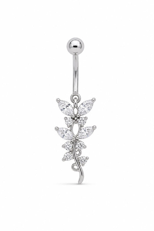 Silver Crystal Leaf Branch Belly Button Ring, CZ Botanical Dangle Navel Piercing, Stainless Steel Body Jewelry