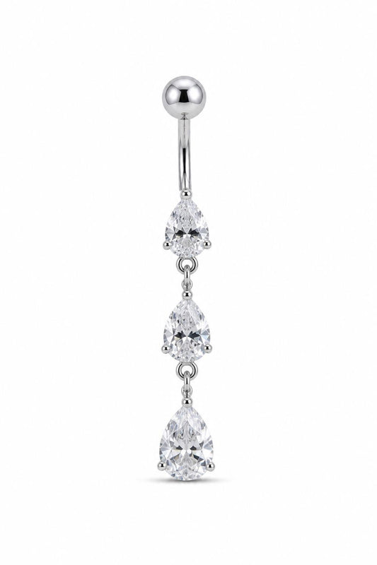 Silver Three Teardrop Belly Button Ring, CZ Water Drop Dangle Navel Piercing, Stainless Steel Body Jewelry
