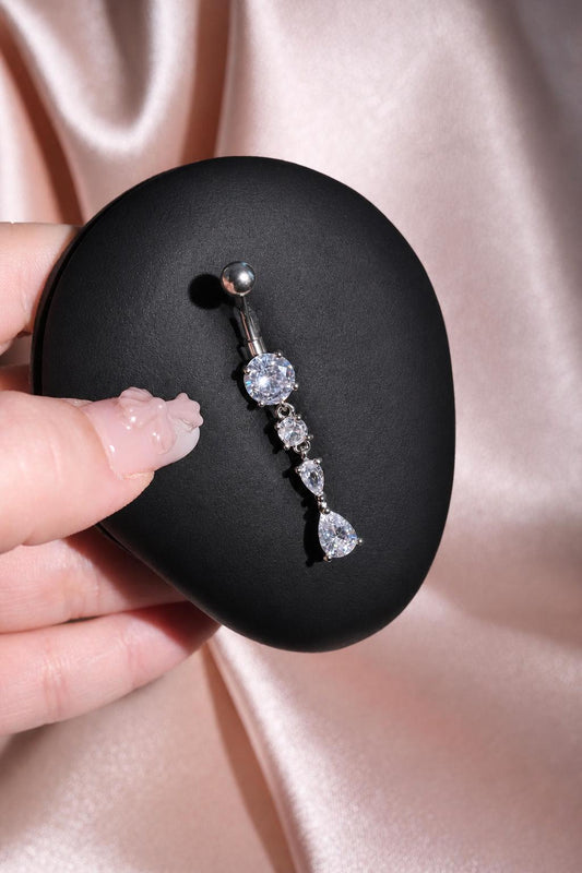 Silver Four Stone Dangle Belly Button Ring, CZ Crystal Drop Navel Piercing, Stainless Steel Body Jewelry