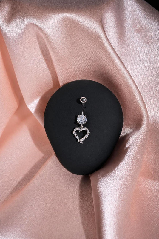 Silver Open Heart Belly Button Ring, Baguette CZ Dangle Navel Piercing, Stainless Steel Body Jewelry