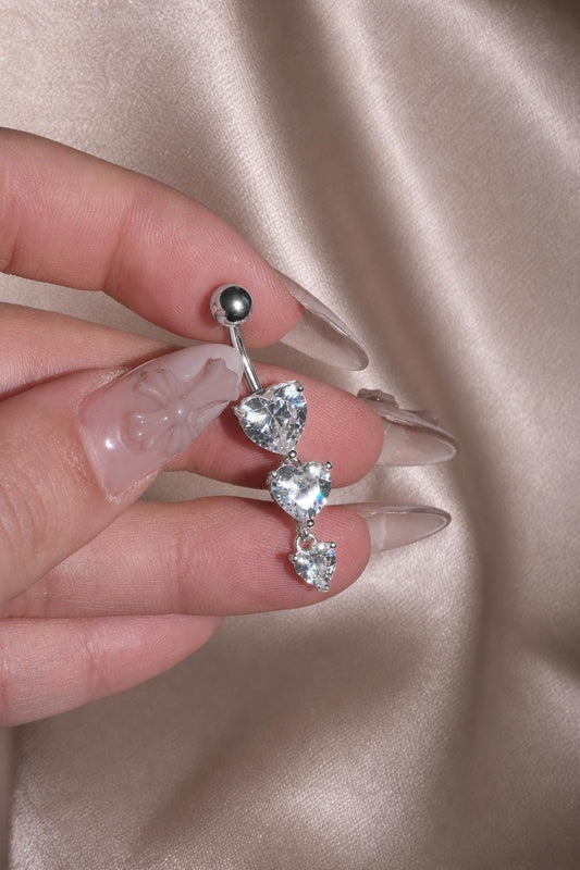 Silver Triple Heart Belly Button Ring, CZ Heart Dangle Navel Piercing, Stainless Steel Body Jewelry