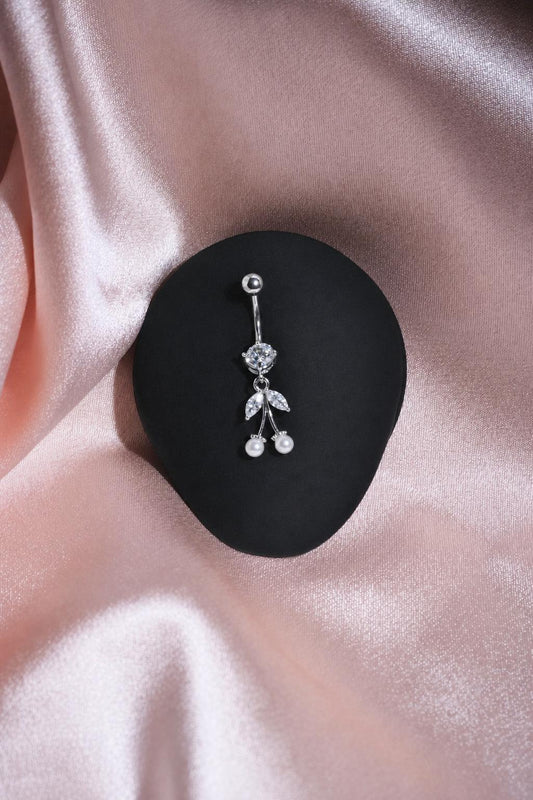 Silver Pearl Cherry Belly Button Ring, CZ Leaf Dangle Navel Piercing, Stainless Steel Body Jewelry