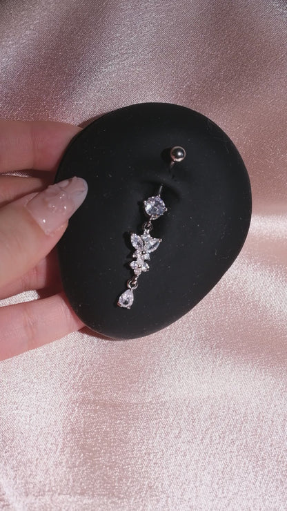 Silver Butterfly Flower Belly Button Ring, CZ Dangle Navel Piercing, Stainless Steel Body Jewelry