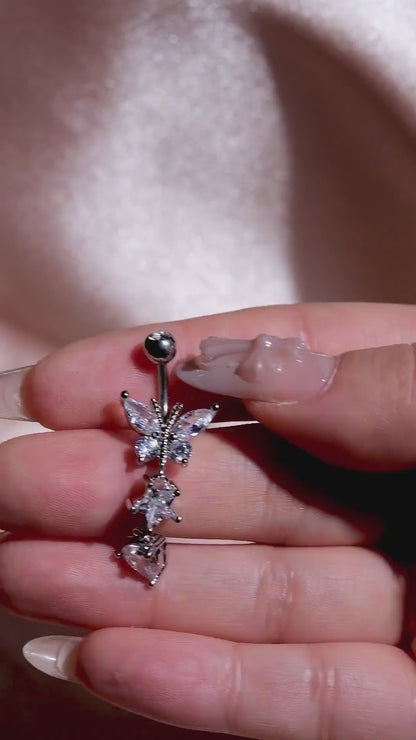 Silver Butterfly Star Heart Belly Ring, CZ Dangle Navel Piercing, Stainless Steel Body Jewelry