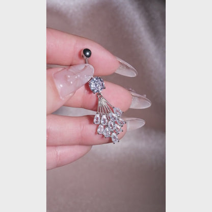 Silver Crystal Bouquet Belly Button Ring, Marquise CZ Dangle Navel Piercing, Stainless Steel Body Jewelry