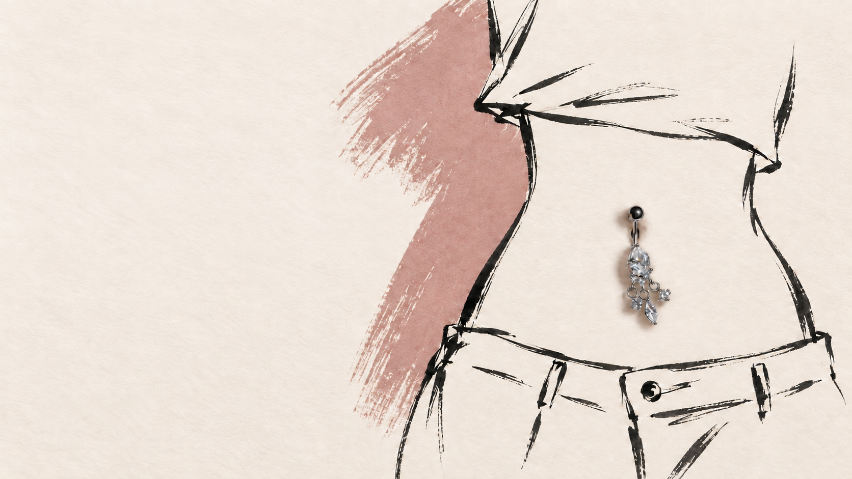 Hand-drawn waist in black ink with silver-tone navel jewelry and a dusty rose brushstroke